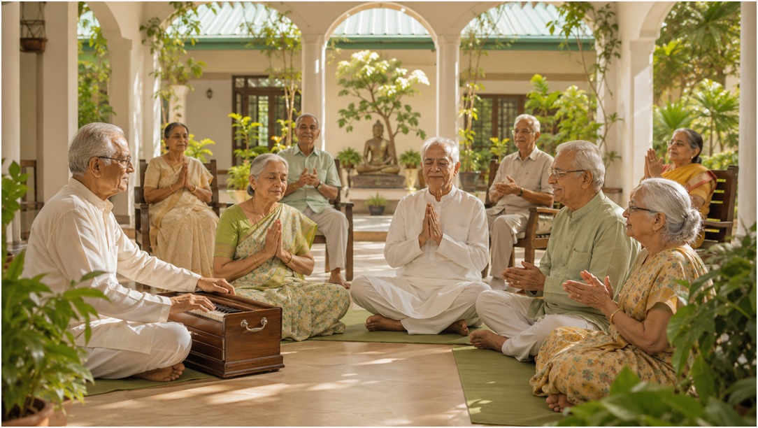 Elderly residents in spiritual satsang at the vriddhashram