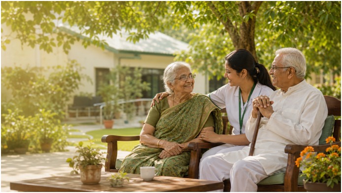An elderly couple cared for with affection in the garden of the Mathura vriddhashram